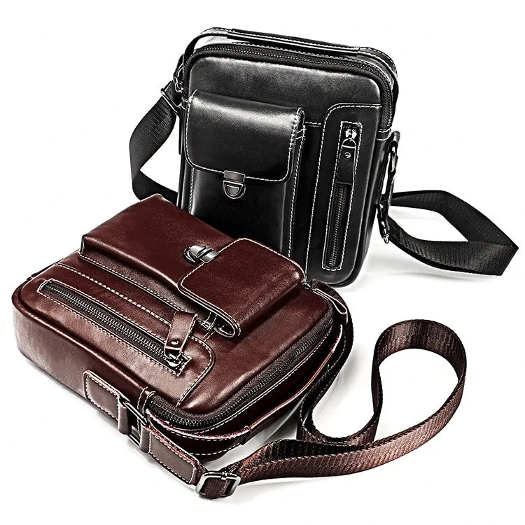 6029 Multifunctional Fashion Top-grain Leather Messenger Bag Casual Men Shoulder Bag (Black)