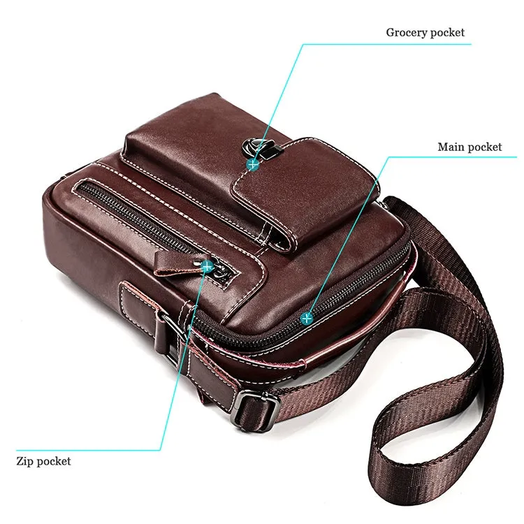 6029 Multifunctional Fashion Top-grain Leather Messenger Bag Casual Men Shoulder Bag (Black)