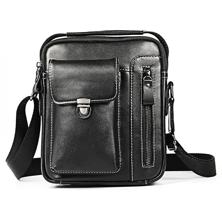 6029 Multifunctional Fashion Top-grain Leather Messenger Bag Casual Men Shoulder Bag (Black)