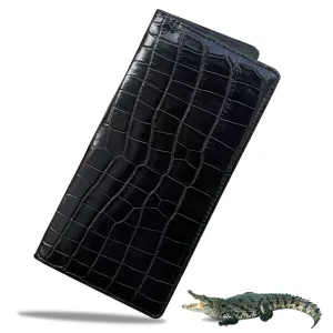 Black Alligator Long Wallet | Handmade Crocodile Leather Checkbook RFID Blocking | LON11