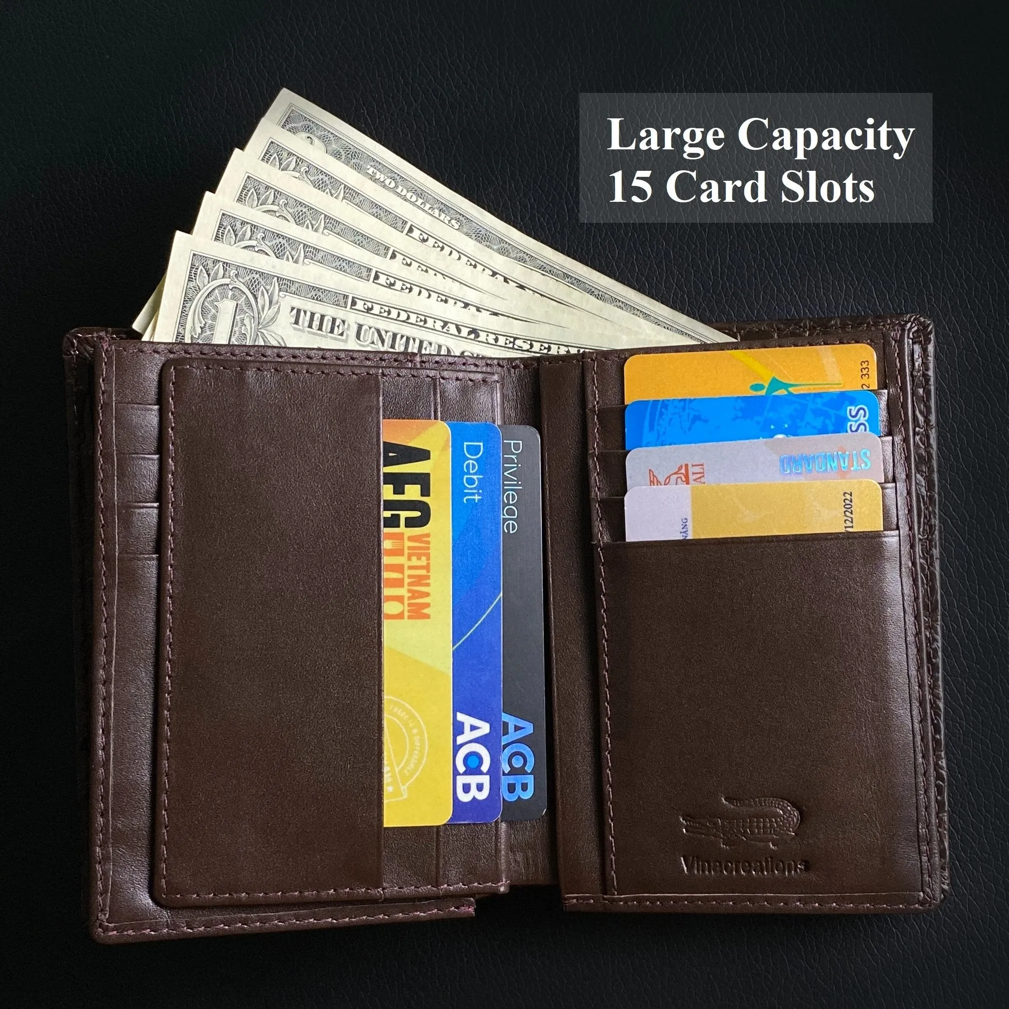 Brown Alligator Leather Vertical Bifold Wallet Large Capacity | DUN33