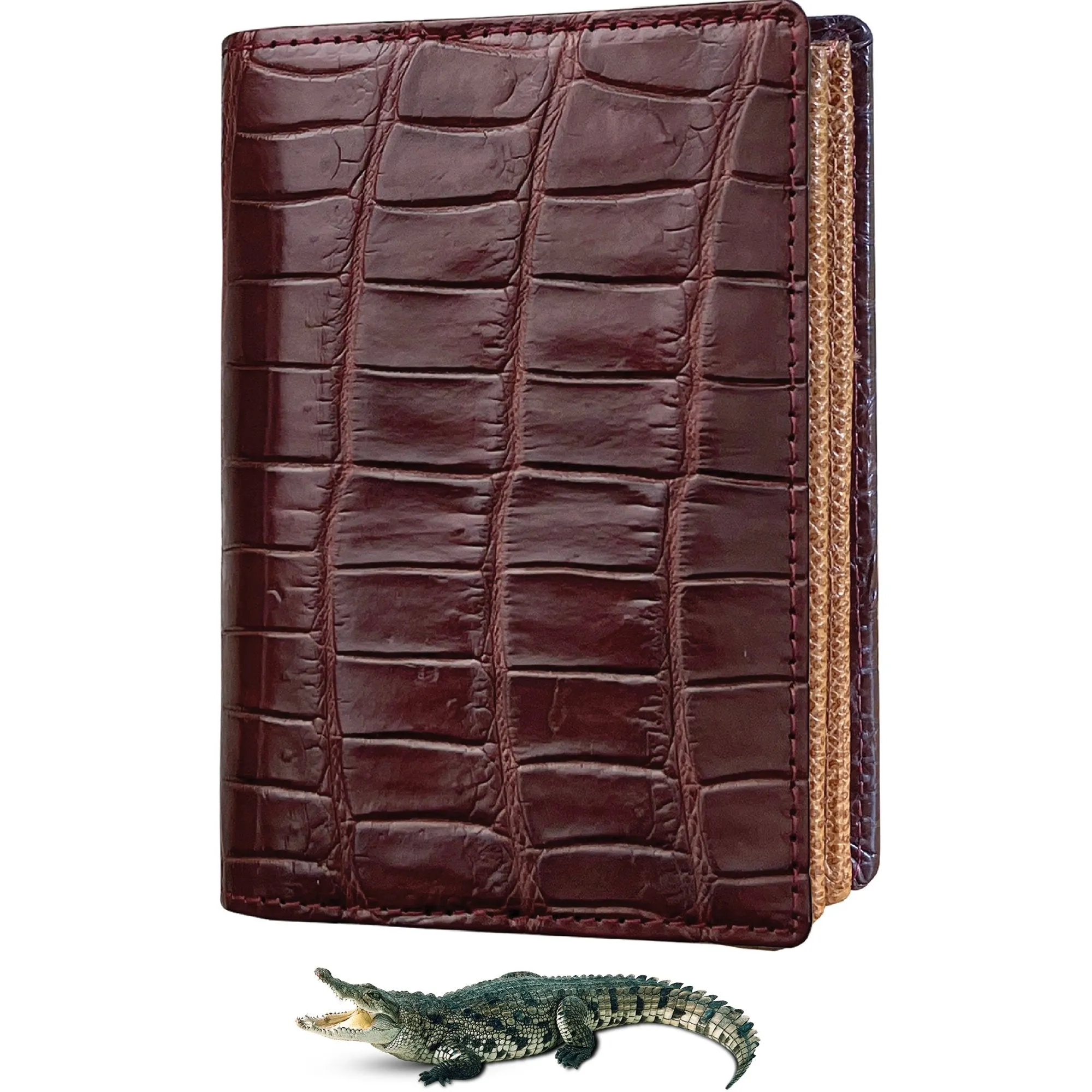 Brown Alligator Leather Vertical Bifold Wallet Large Capacity | DUN36