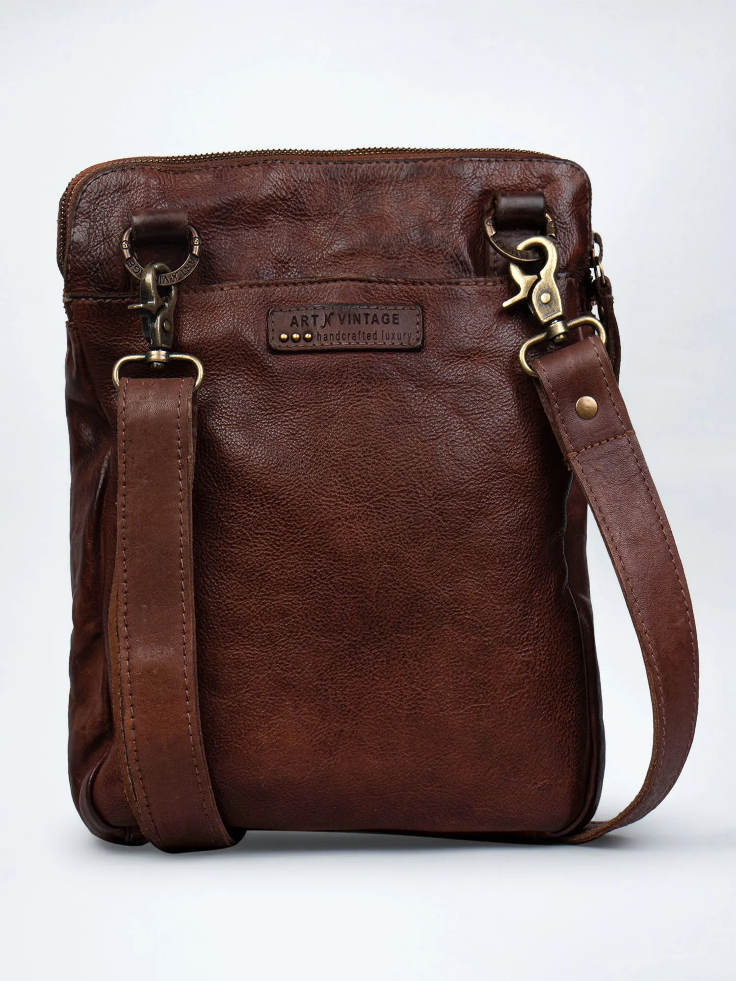 Brown Leather Washed Look Crossbody Bag