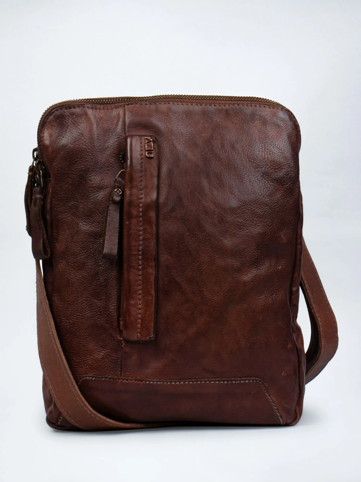 Brown Leather Washed Look Crossbody Bag