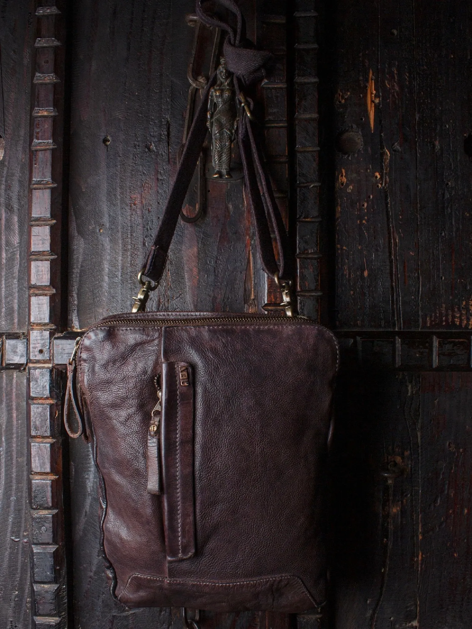 Brown Leather Washed Look Crossbody Bag