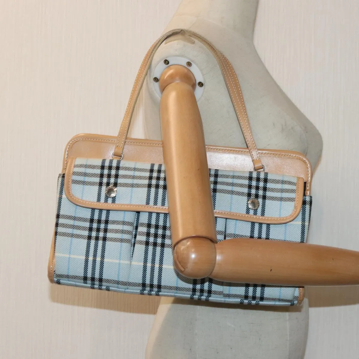 BURBERRY Nova Check Blue Label Hand Bag Canvas Light Blue Beige  87639