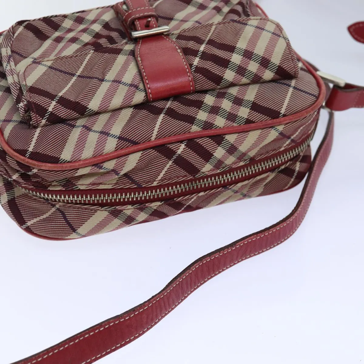 BURBERRY Nova Check Blue Label Shoulder Bag Red Silver  ti1923