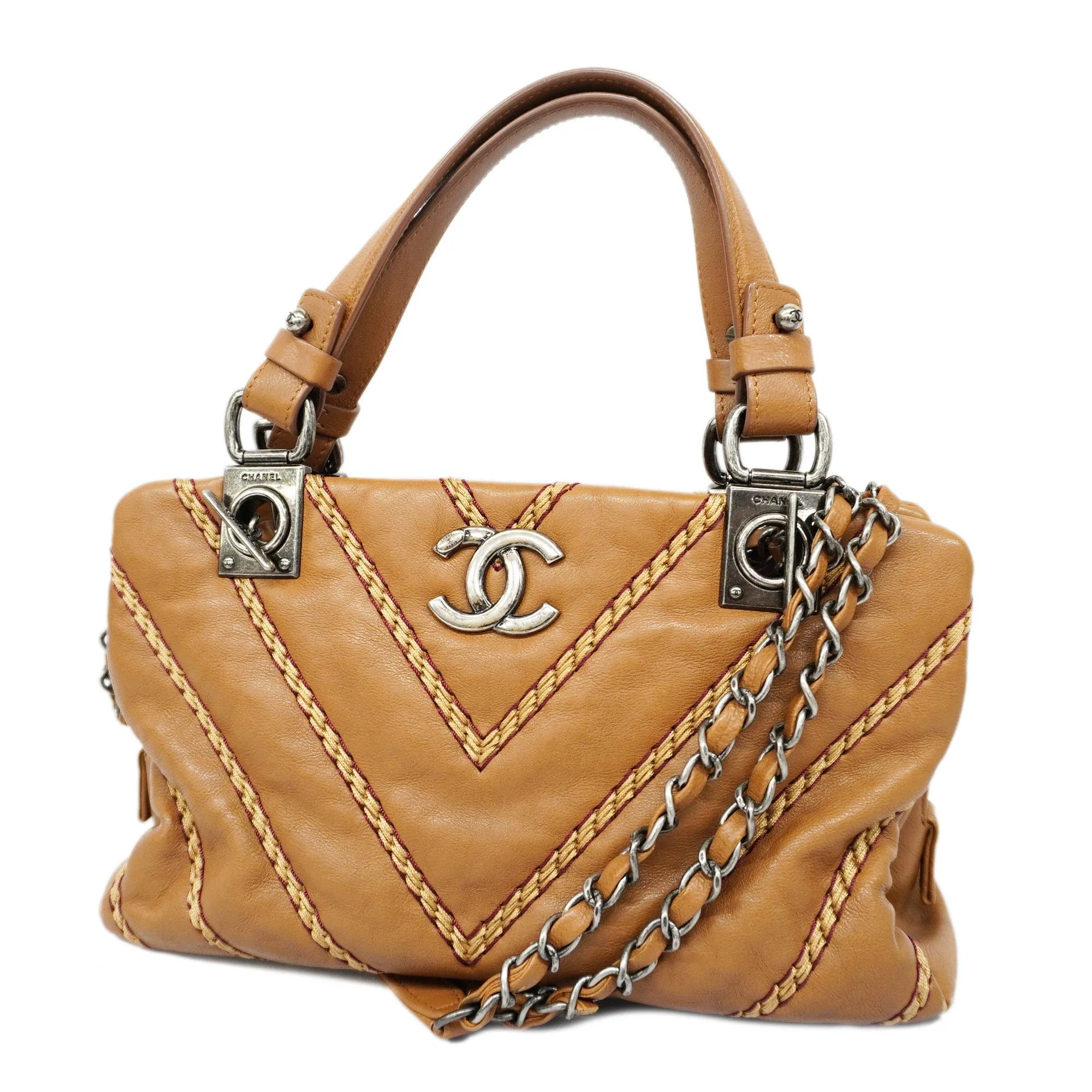 CHANEL  2WAY Bag V Stitch Chain Shoulder Women's Leather Handbag