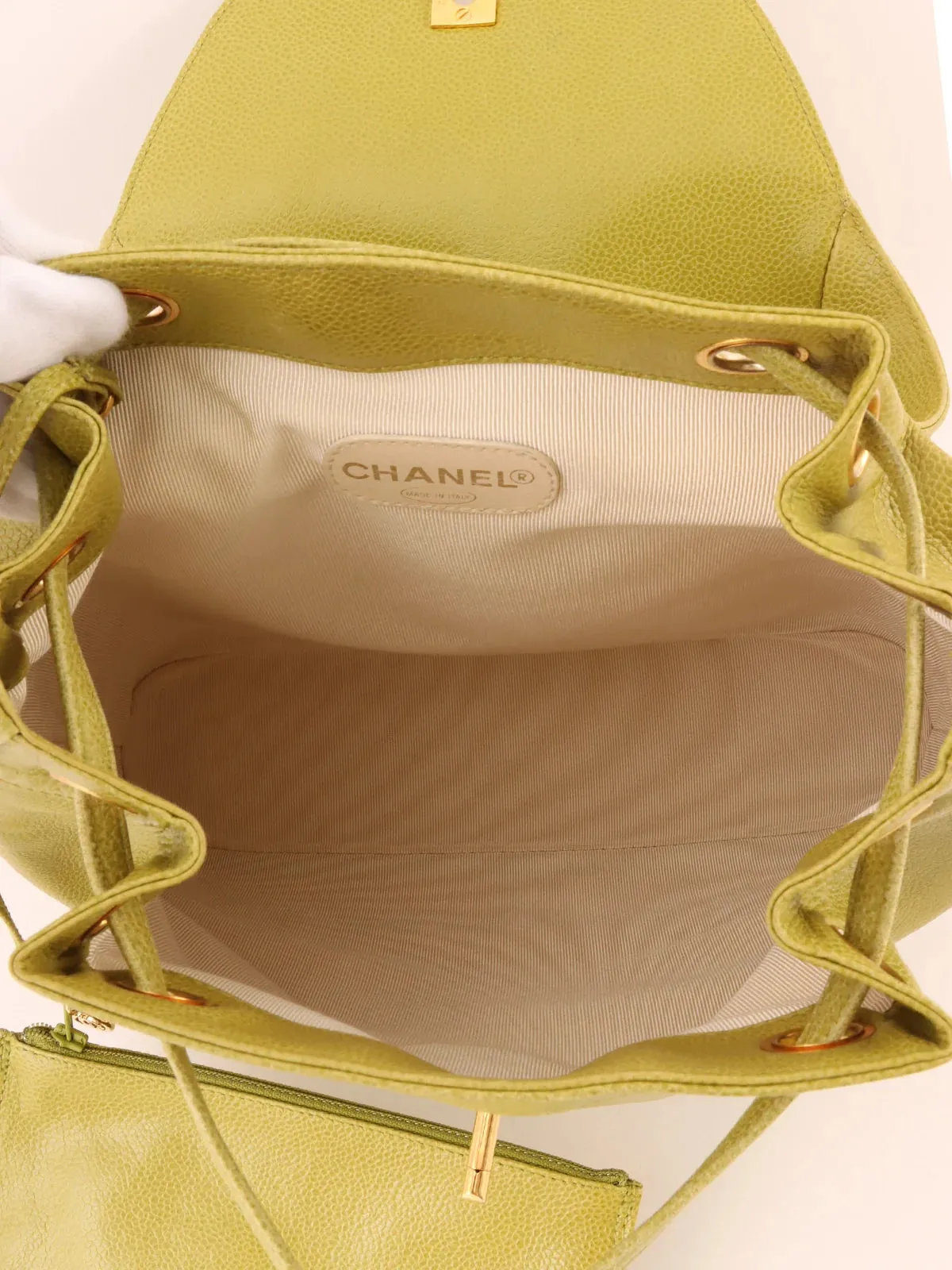 CHANEL Around 1997 Made Caviar Skin 6 Cc Mark Stitch Turn-Lock Backpack Lime Green