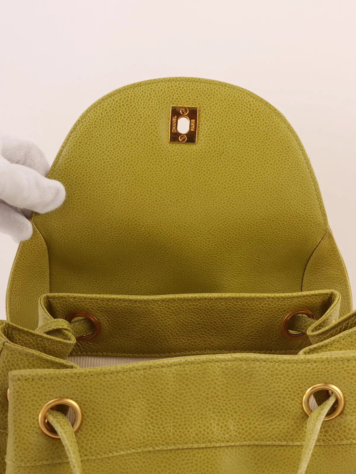 CHANEL Around 1997 Made Caviar Skin 6 Cc Mark Stitch Turn-Lock Backpack Lime Green