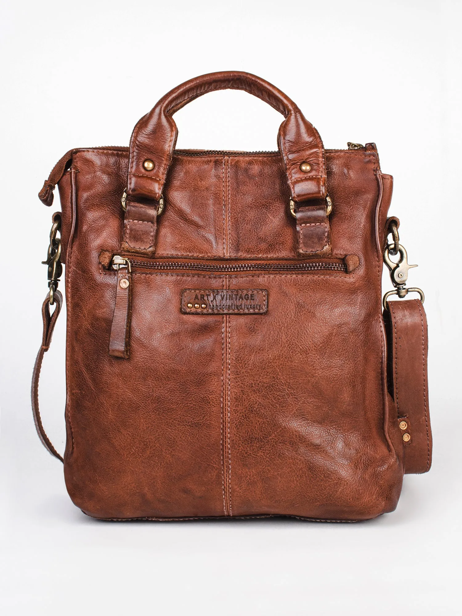 Cognac Veg Tanned Washed Leather Crossbody Bag