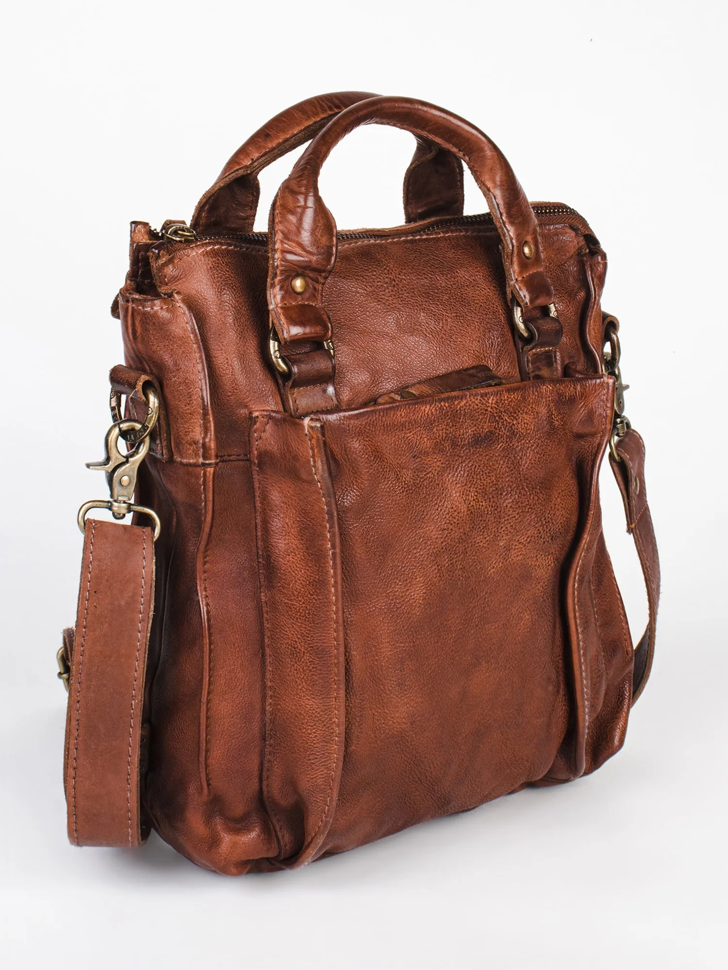 Cognac Veg Tanned Washed Leather Crossbody Bag