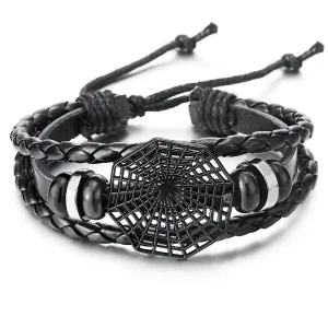 COOLSTEELANDBEYOND Spiker Web Multi-Strand Black Leather beaded Bracelet, Men Women Braided Leather Wristband Wrap Bracelet