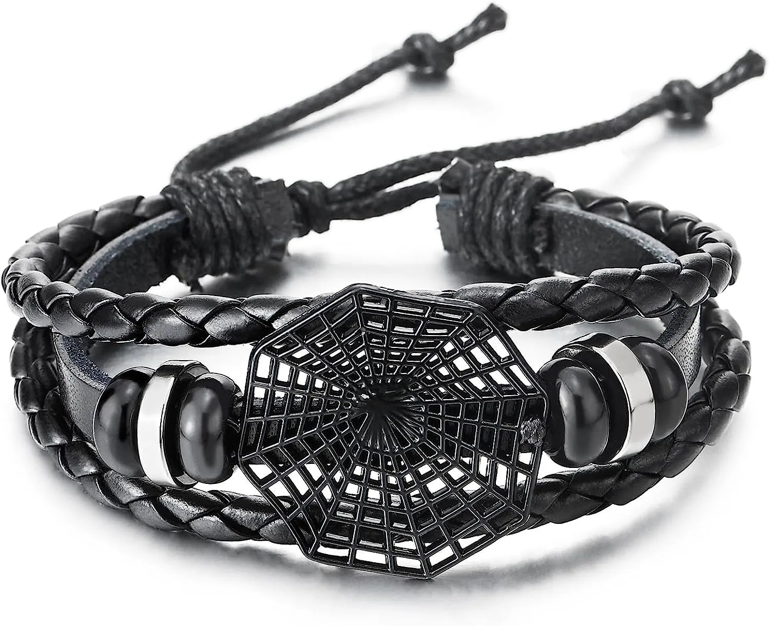 COOLSTEELANDBEYOND Spiker Web Multi-Strand Black Leather beaded Bracelet, Men Women Braided Leather Wristband Wrap Bracelet