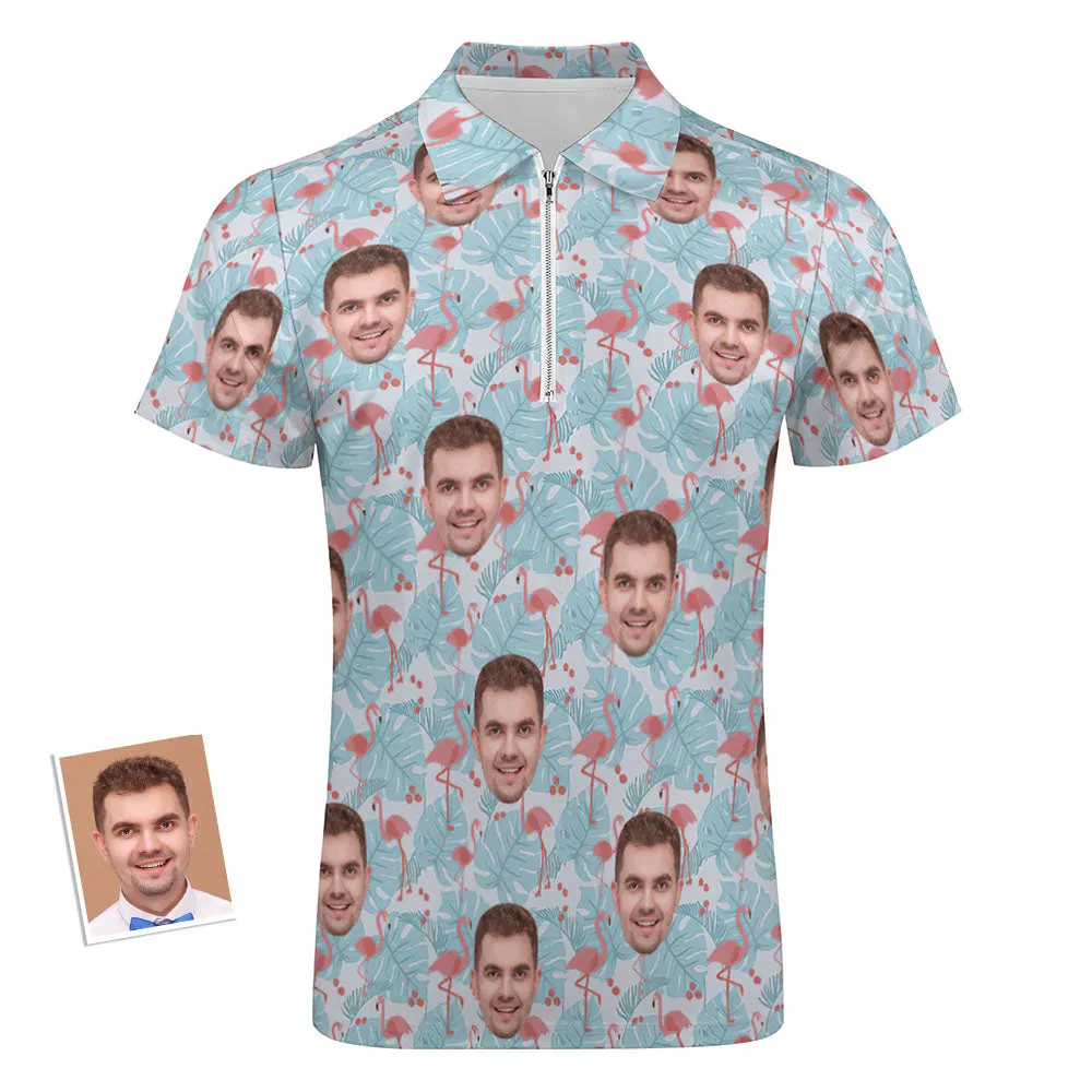 Custom Flamingo Blue Floral Men's Polo Shirt Personalised Face Funny Polo Shirt with Zipper