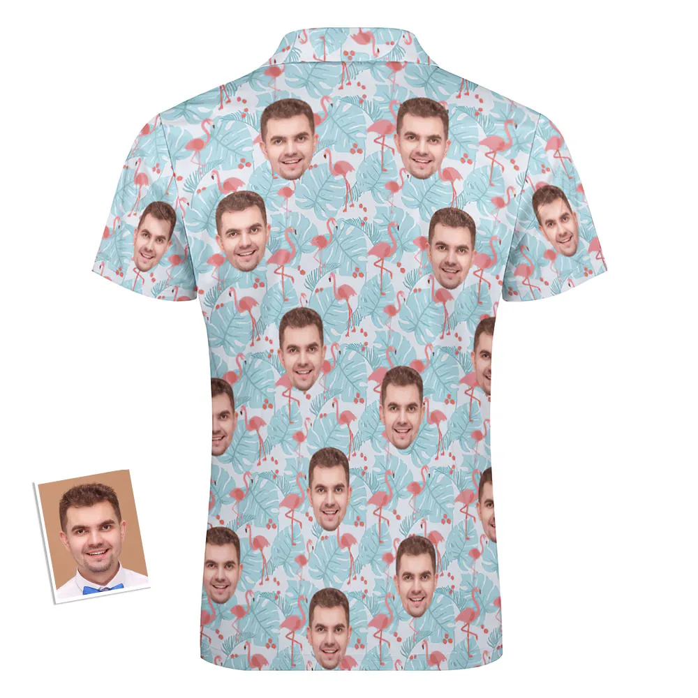 Custom Flamingo Blue Floral Men's Polo Shirt Personalised Face Funny Polo Shirt with Zipper