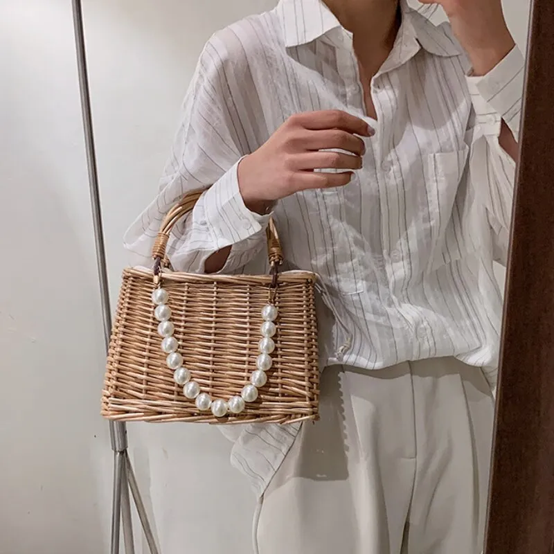 Darianrojas Straw Bags for Women Square Handbags Summer Rattan Shoulder Bags Handmade Knitted Storge Small Totes Bag New Fashion