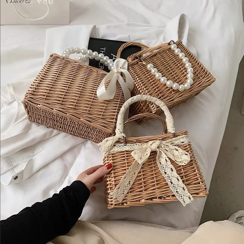 Darianrojas Straw Bags for Women Square Handbags Summer Rattan Shoulder Bags Handmade Knitted Storge Small Totes Bag New Fashion