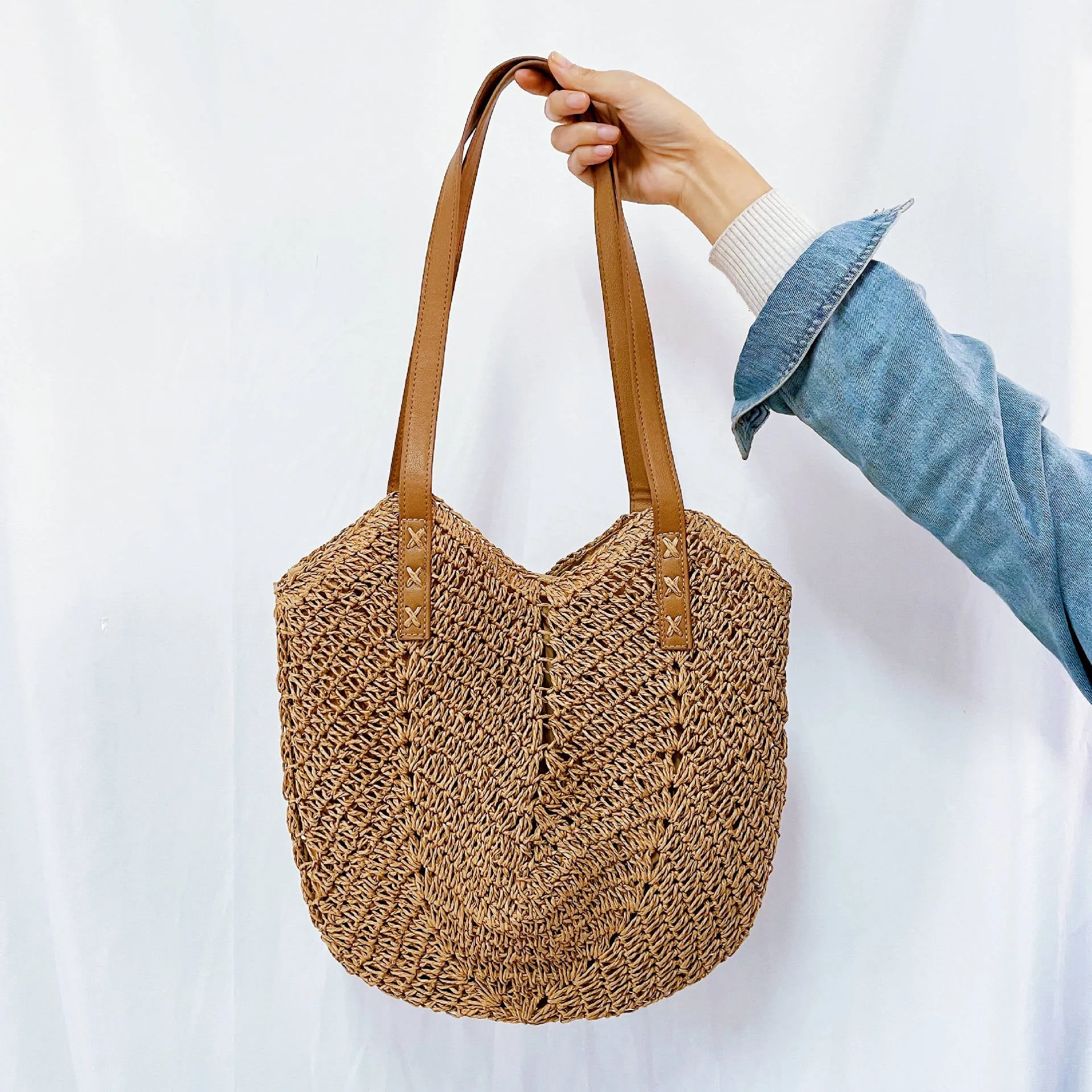 DUNNMALL New Hand-Woven Bag Fashion Women Shoulder Bag Straw Bag Paper String Vacation Beach Bag Shoulder Back