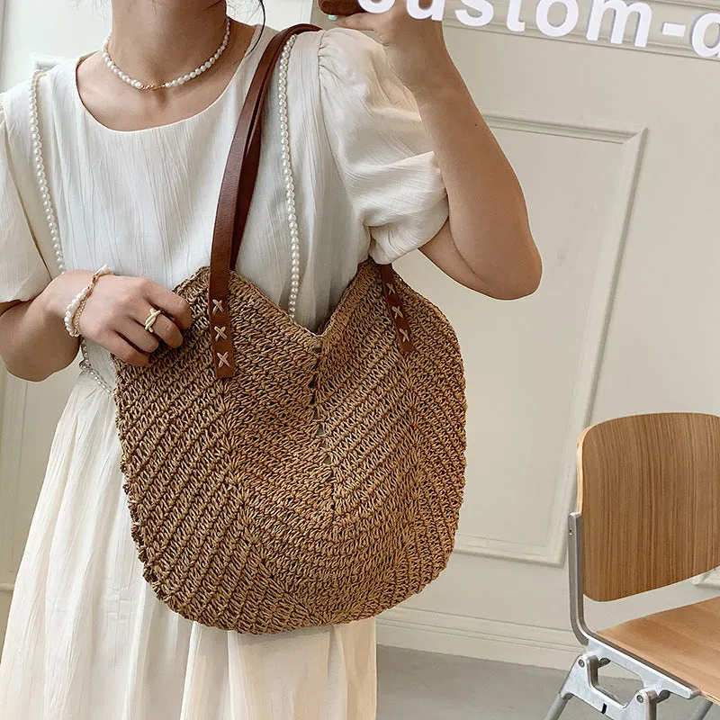 DUNNMALL New Hand-Woven Bag Fashion Women Shoulder Bag Straw Bag Paper String Vacation Beach Bag Shoulder Back