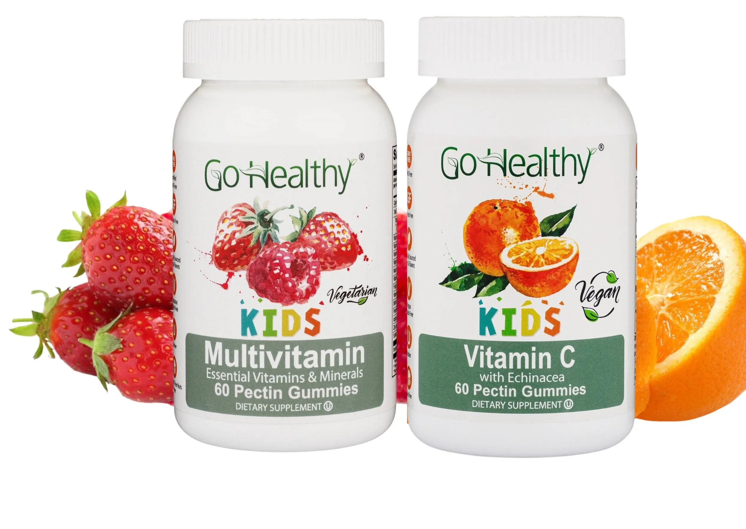 Go Healthy Multivitamin Gummies (1 Bottle) and Vitamin C Gummies (1 Bottle) for Kids, Toddlers, Vegetarian, Kosher & Halal, Gluten Free, Non-GMO Bundle