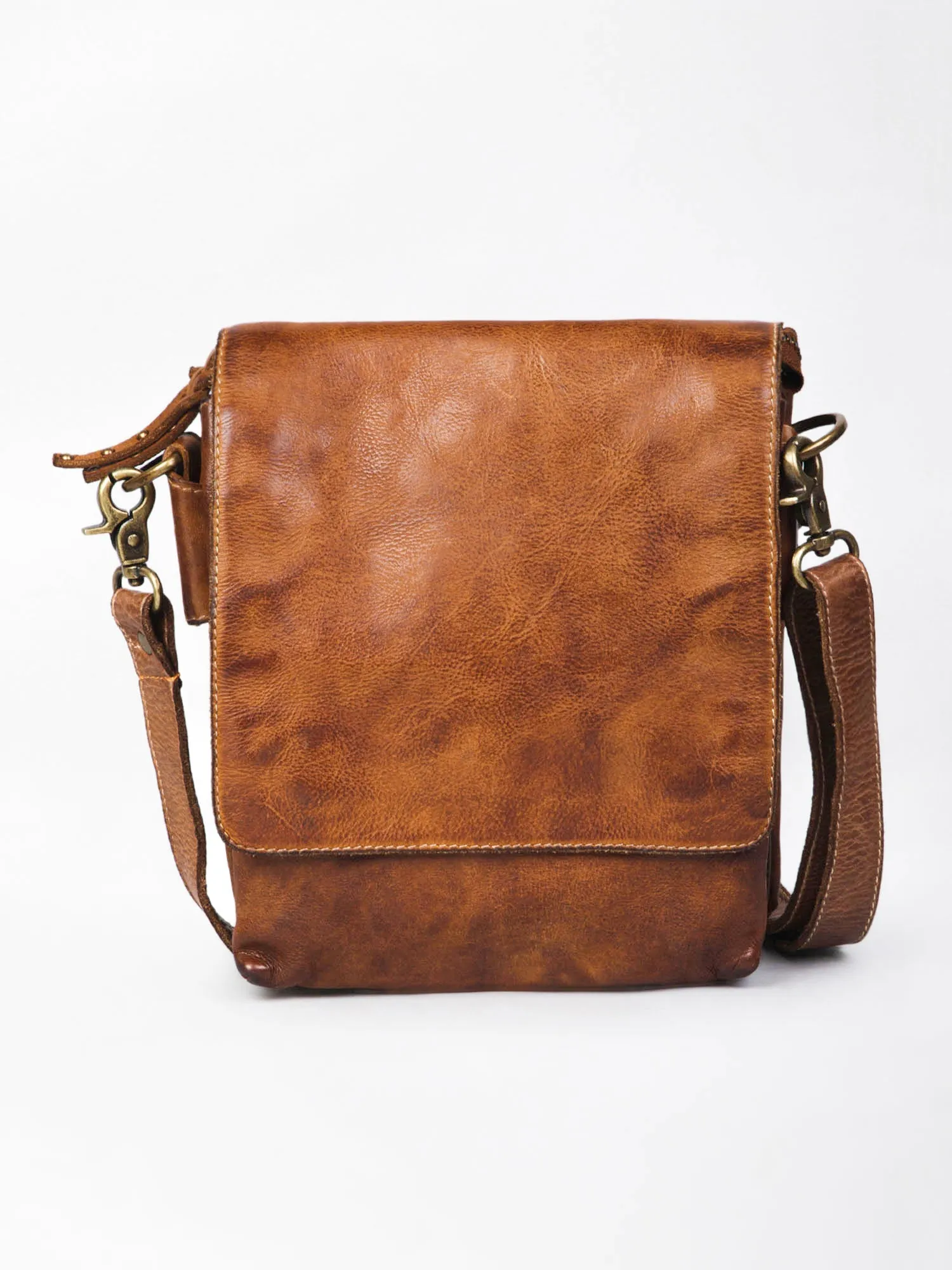 Henry: Brown Flap Bag Cross Body In Veg Tan Leather