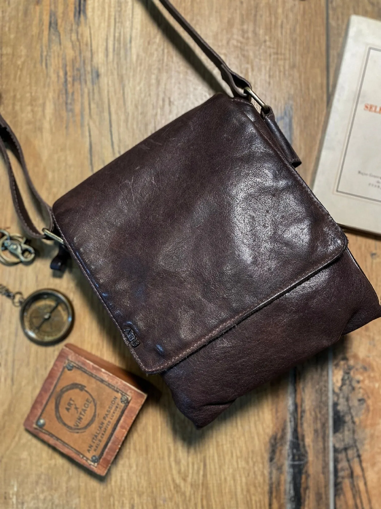 Henry: Brown Flap Bag Cross Body In Veg Tan Leather