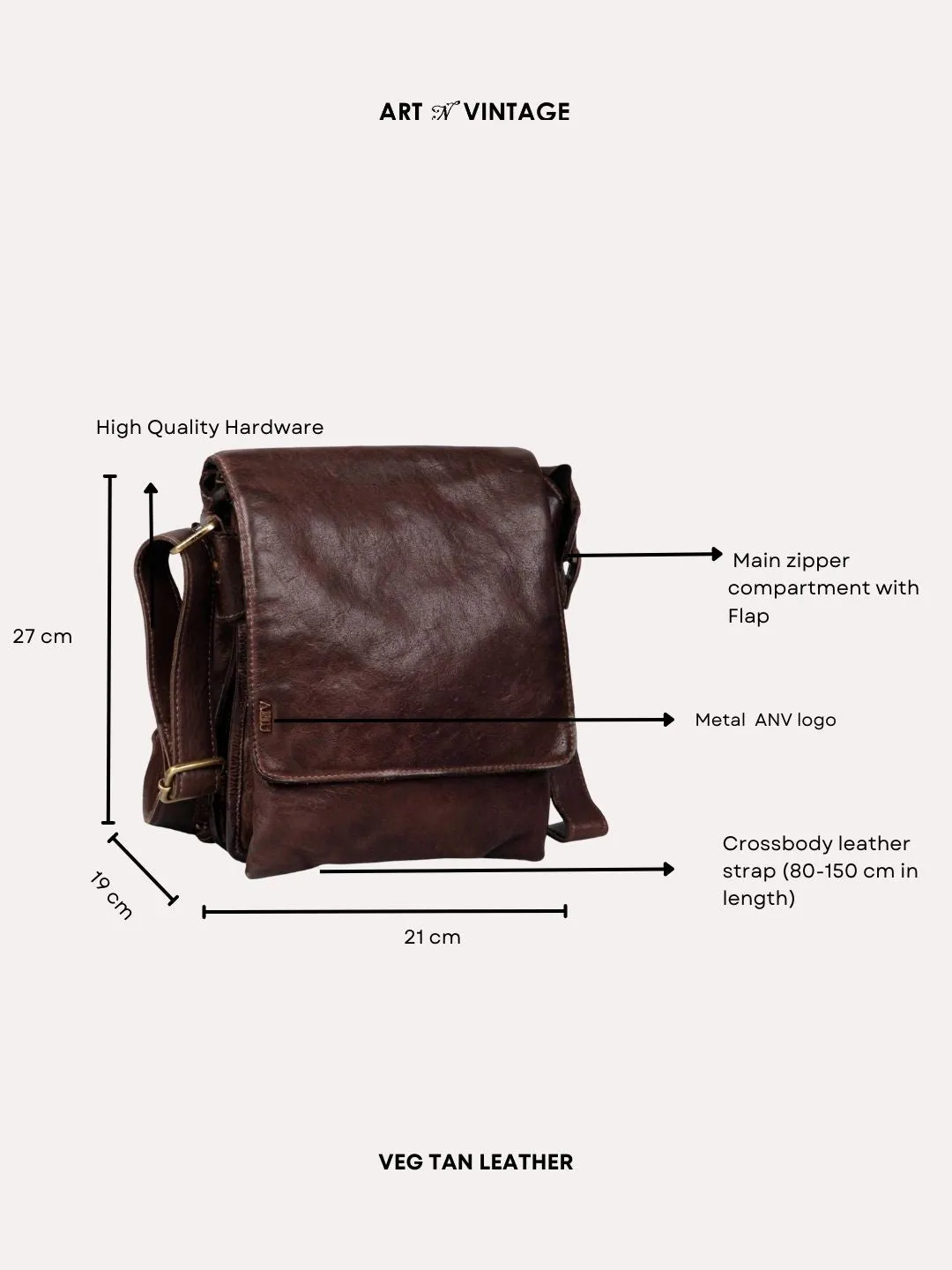 Henry: Brown Flap Bag Cross Body In Veg Tan Leather