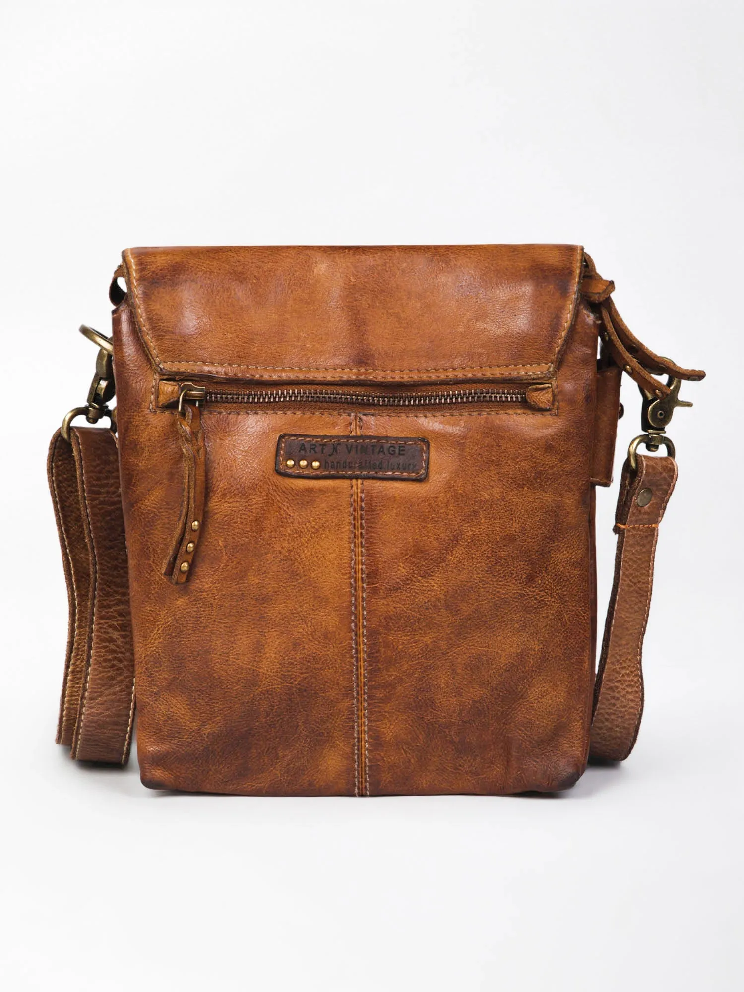 Henry: Brown Flap Bag Cross Body In Veg Tan Leather