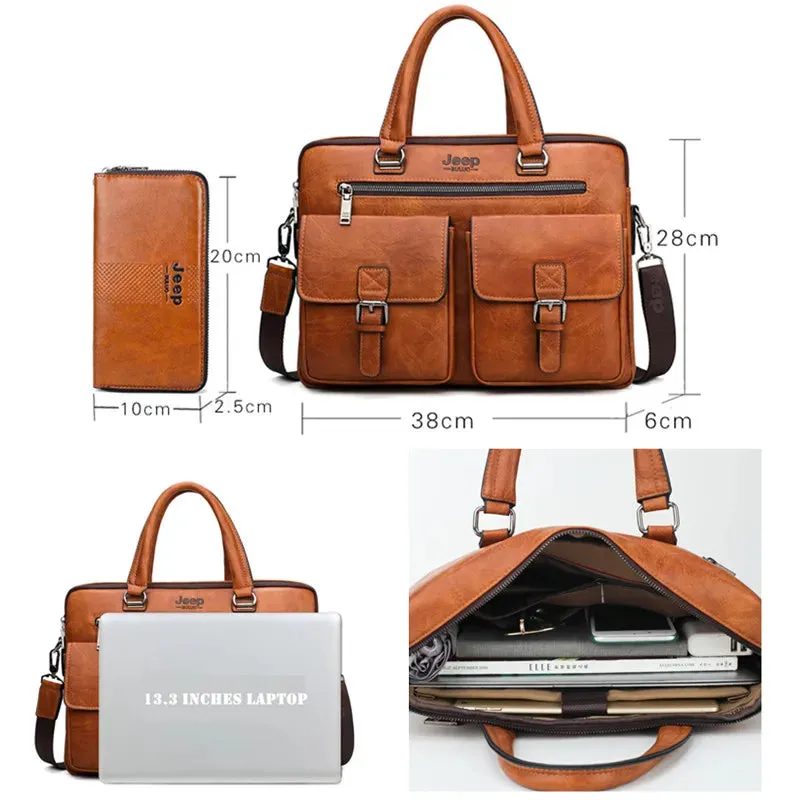 JEEP BULUO Brand Man'sBusiness Briefcase Bag 2pcs/set Split Leather High Quality Men office Bags For 13. 3 inch Laptop A4 Causel