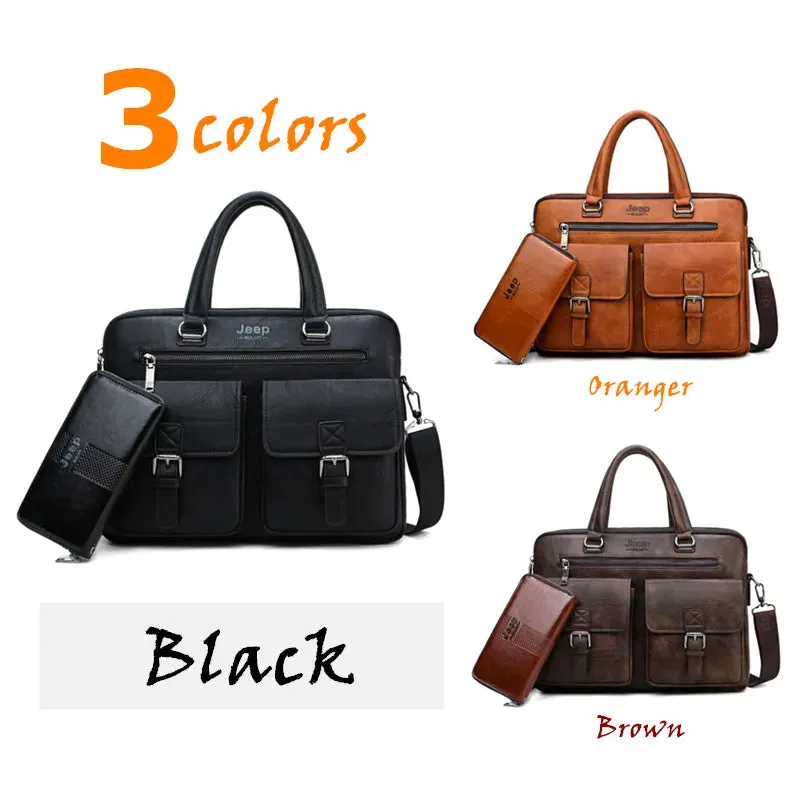 JEEP BULUO Brand Man'sBusiness Briefcase Bag 2pcs/set Split Leather High Quality Men office Bags For 13. 3 inch Laptop A4 Causel