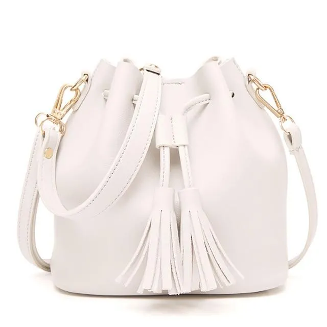 JIARUO Vintage Fashion Small Women Leather Bucket Bag Handbag Tassel Drawstring Shoulder Bag Messenger Crossbody Bags Purses