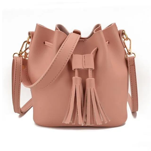 JIARUO Vintage Fashion Small Women Leather Bucket Bag Handbag Tassel Drawstring Shoulder Bag Messenger Crossbody Bags Purses