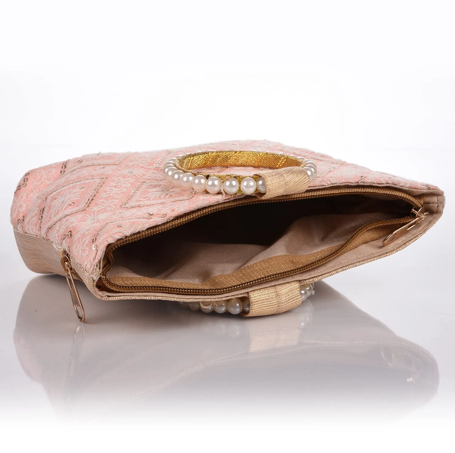 Kuber Industries Clutch Bag|Zig Zag Chicken Silk Embroidery Hand Purse|Wedding Clutch Purse With Moti Churi Handle (Peach)