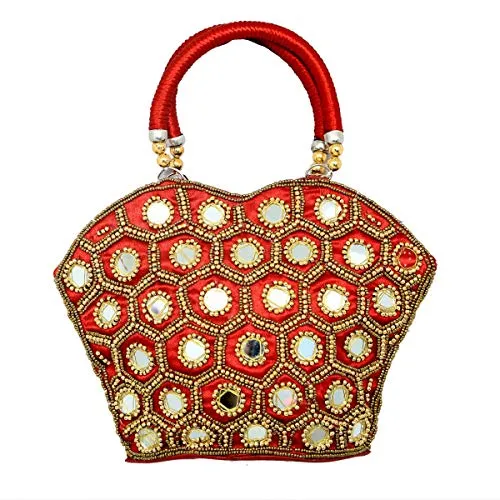 Kuber Industries Embroided Silk Mirror Handheld Bag, Small, Red