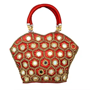 Kuber Industries Embroided Silk Mirror Handheld Bag, Small, Red