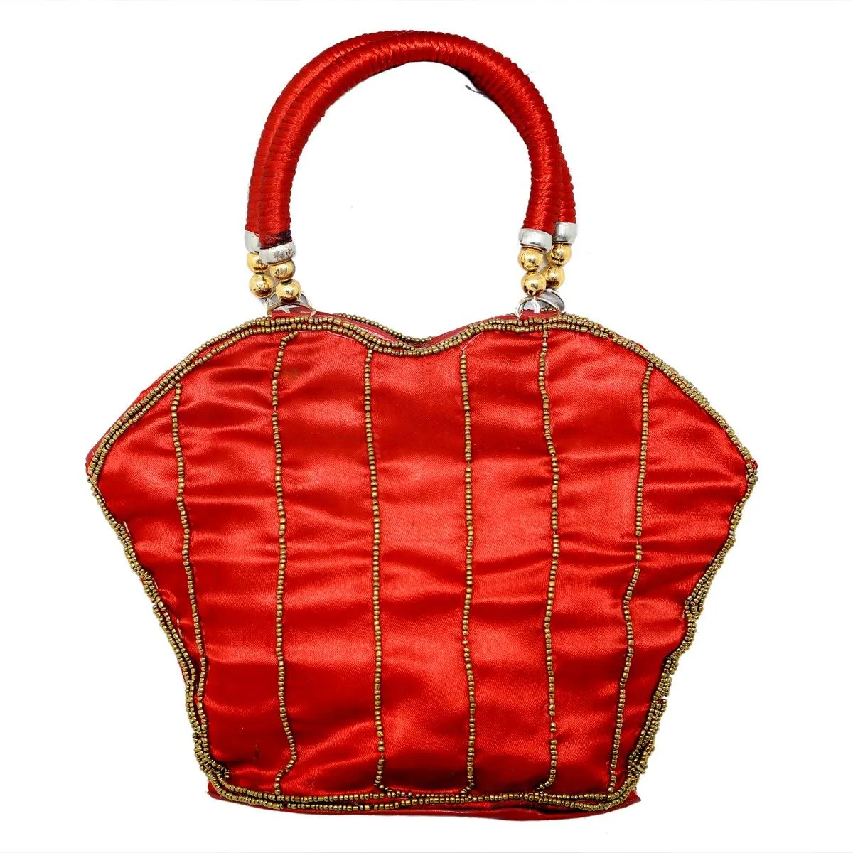 Kuber Industries Embroided Silk Mirror Handheld Bag, Small, Red