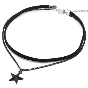 Ladies Womens Two-Rows Black Choker Necklace with Black Chain and Pentagram Star Charm Pendant