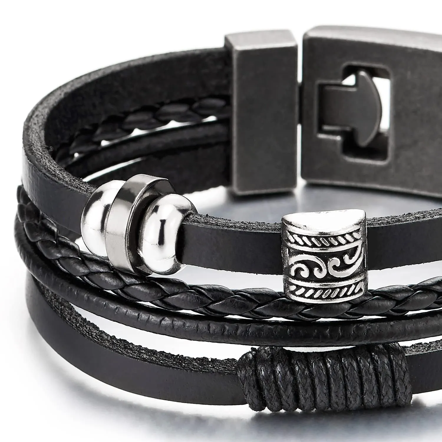 Men Women Four-Strand Black Braided Leather Bracelet Swirl Bead Charms, Cotton Rope String