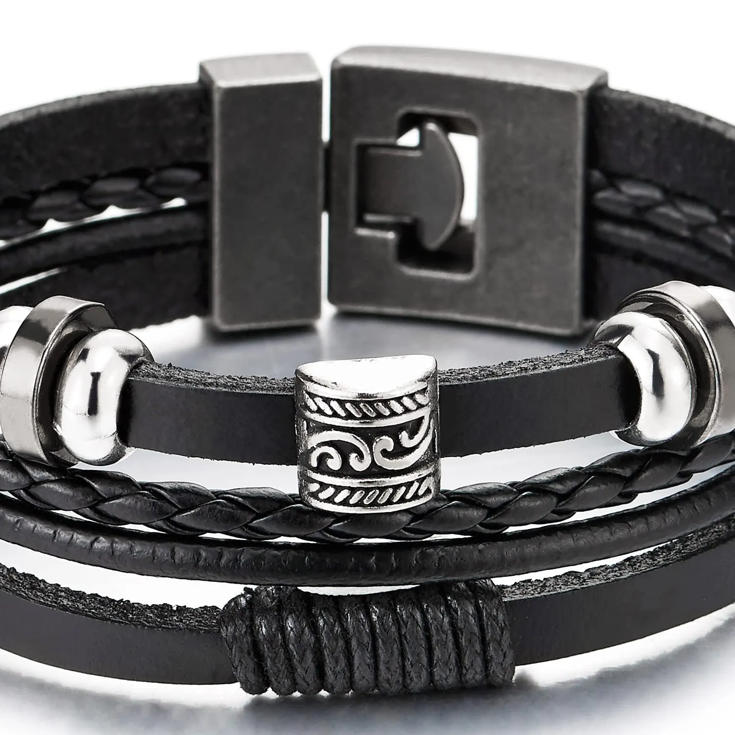 Men Women Four-Strand Black Braided Leather Bracelet Swirl Bead Charms, Cotton Rope String