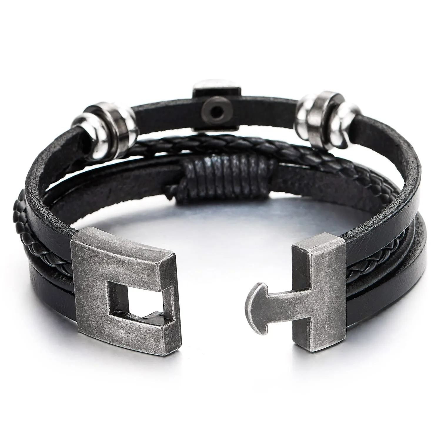 Men Women Four-Strand Black Braided Leather Bracelet Swirl Bead Charms, Cotton Rope String