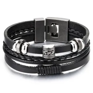 Men Women Four-Strand Black Braided Leather Bracelet Swirl Bead Charms, Cotton Rope String