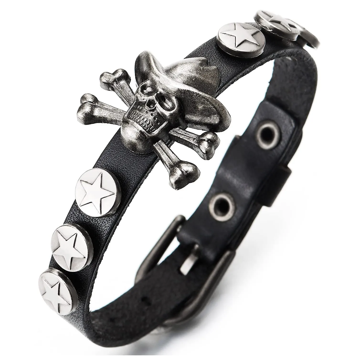 Mens Aged Silver Cowboy Pirate Skull Black Leather Bracelet Bangle, Buckle Clasp, Gothic Vintage