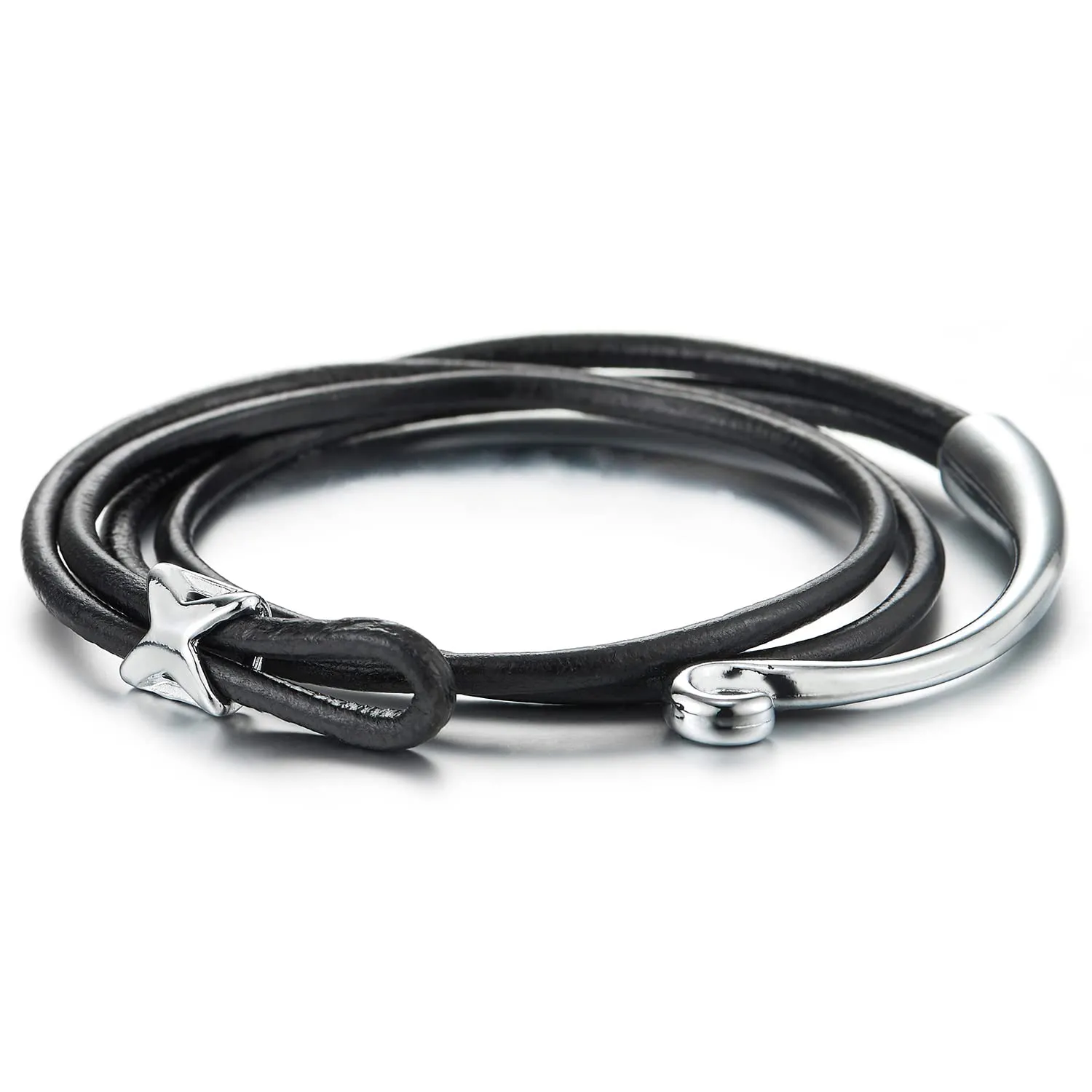 Mens Women Black Leather Wrap Bracelet with Hook Clasp Double Wrap Genuine Leather Bangle Wristband