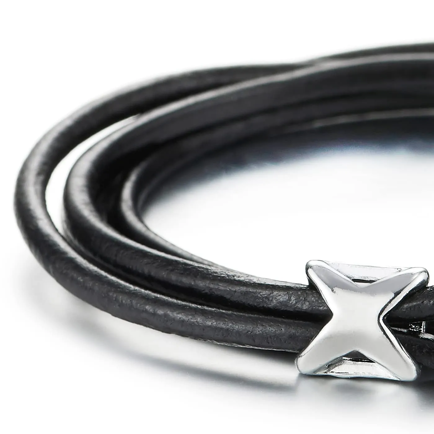 Mens Women Black Leather Wrap Bracelet with Hook Clasp Double Wrap Genuine Leather Bangle Wristband