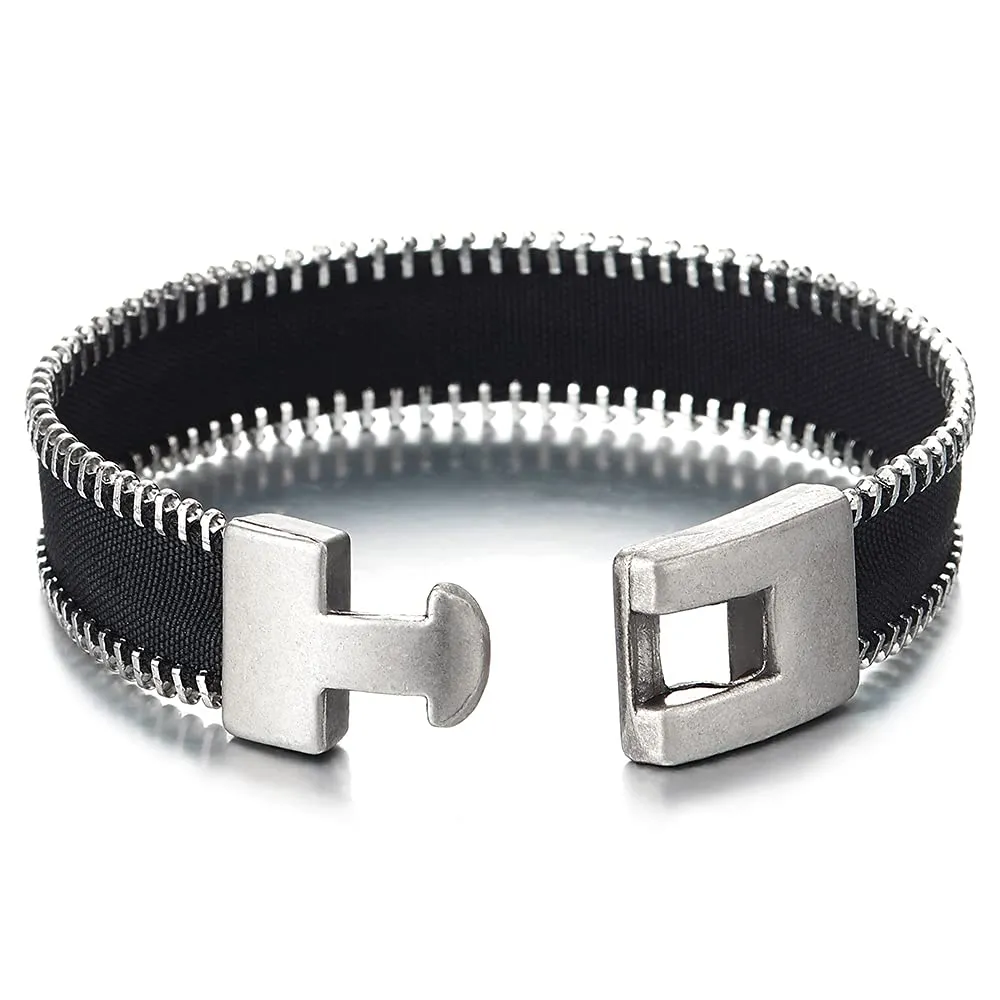 Mens Womens Zipper Black Cotton Bracelet Bangle Wristband with Hook Clasp, Unique