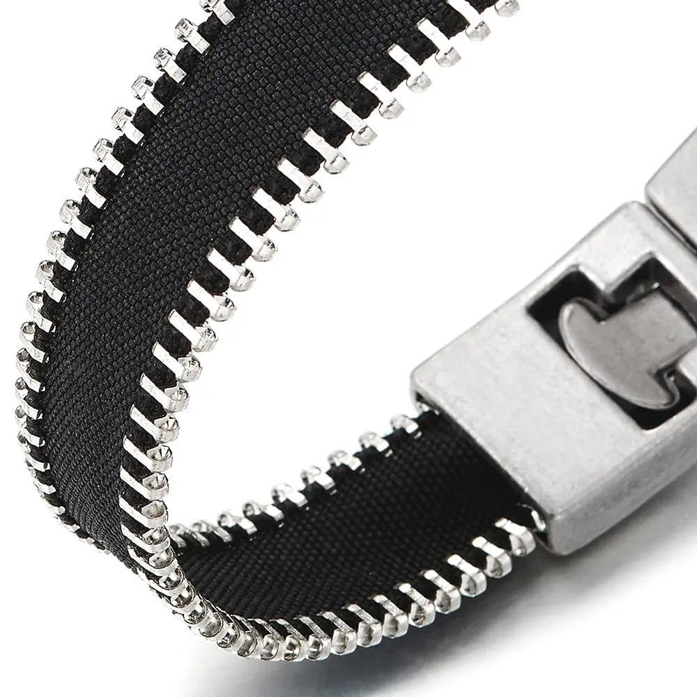 Mens Womens Zipper Black Cotton Bracelet Bangle Wristband with Hook Clasp, Unique