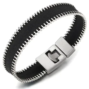 Mens Womens Zipper Black Cotton Bracelet Bangle Wristband with Hook Clasp, Unique