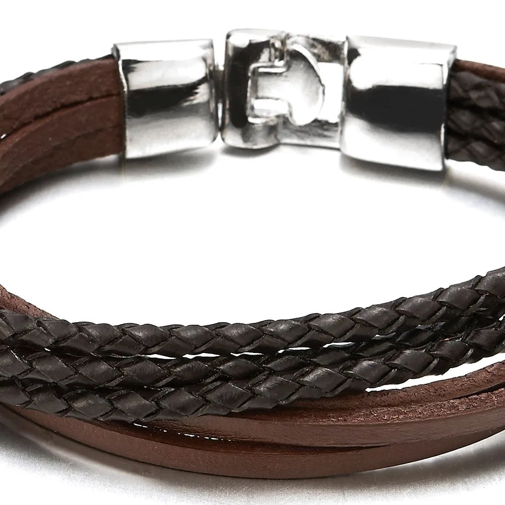 Multi-Strand Black Brown Braided Leather Bracelet for Men and Women