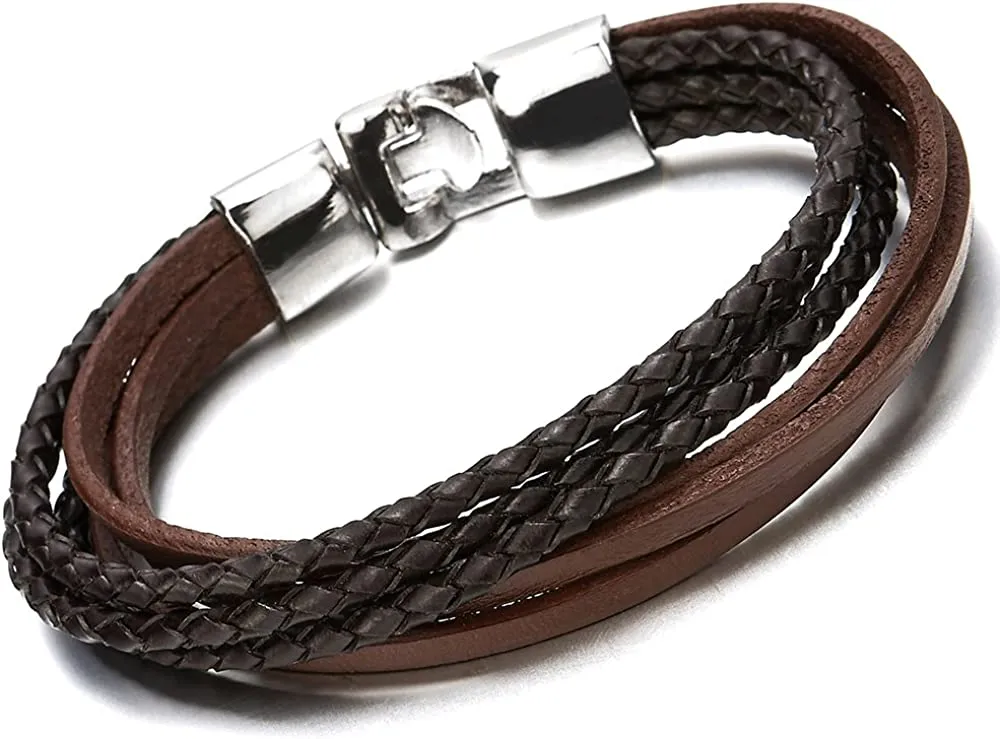 Multi-Strand Black Brown Braided Leather Bracelet for Men and Women